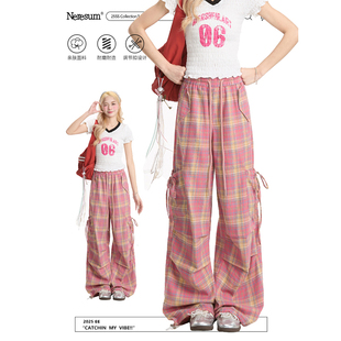 女蝴蝶结褶皱多口袋宽松显瘦直筒裤 裤 子 复古阔腿工装 NERESUM美式