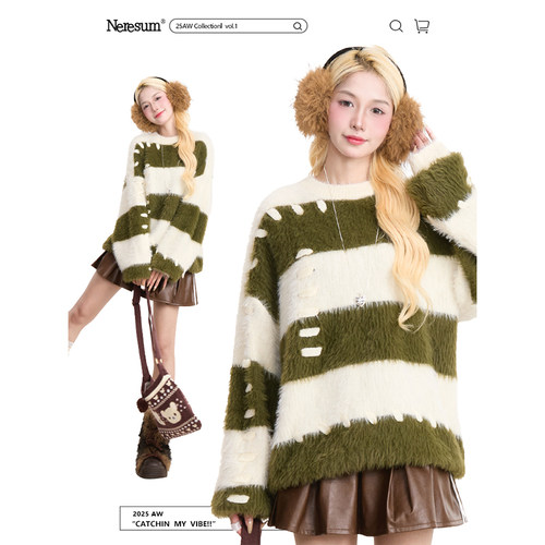 NERESUM复古条纹水貂绒毛衣