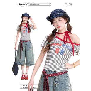 斜领上衣 夏季 NERESUM复古条纹字母印花短袖 T恤女轻亚风辣妹美式