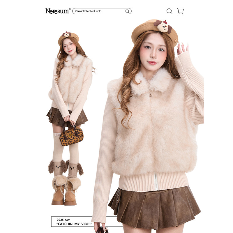 NERESUM韩系毛绒拼接针织开衫女秋冬新款高级感保暖短款毛毛外套,女装/女士精品,短外套,淘宝优惠券,粉丝福利购,淘宝优惠卷