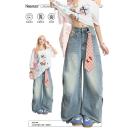 女潮牌做旧褶皱宽松直筒cleanfit阔腿拖地裤 NERESUM蓝色牛仔裤 子
