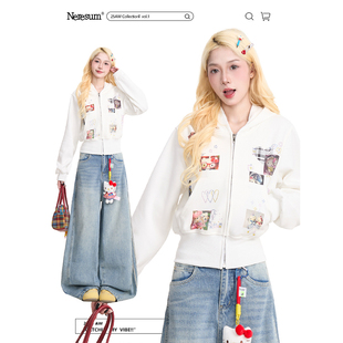 外套 甜酷百搭连帽短款 NERESUM趣味Kitty猫贴纸印花开衫 卫衣女美式