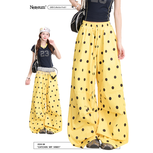 NERESUM美式波点满印阔腿裤女春夏多巴胺褶皱裤子复古街头休闲裤