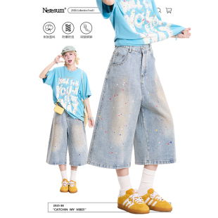 街头慵懒直筒显瘦休闲短裤 美式 女夏季 NERESUM彩色泼墨七分牛仔裤