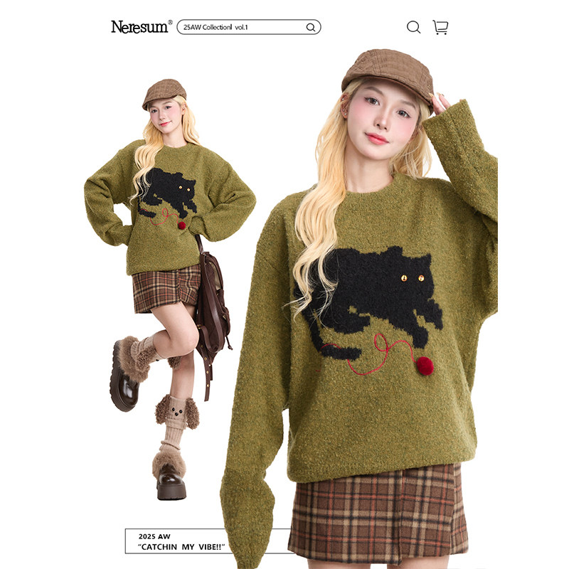 NERESUM复古小猫提花套头毛衣女秋冬慵懒风软糯保暖宽松针织上衣