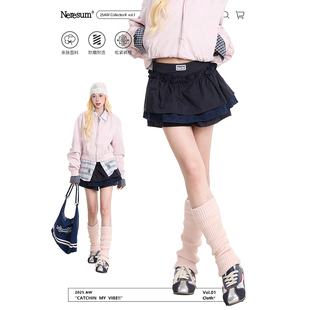 NERESUM宝蓝色双层荷叶边裙裤 女设计感松紧腰A字蓬蓬显瘦百搭短裤