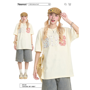 慵懒显瘦新款 碎花字母贴布绣T恤宽松美式 上衣 女夏季 NERESUM短袖