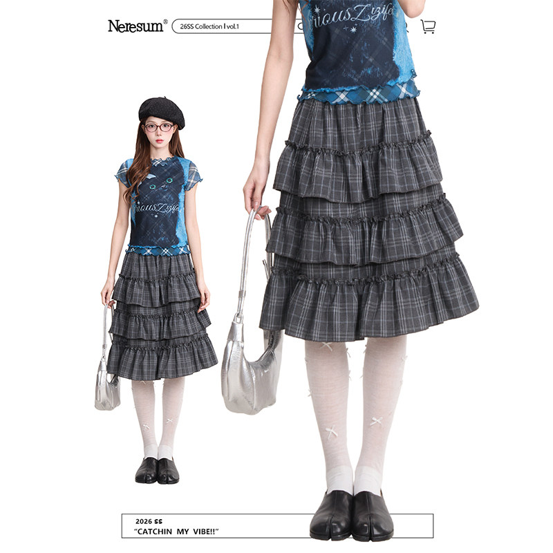 NERESUM复古Y2K格纹层次感蛋糕裙女亚文化穿搭显瘦荷叶边半身裙,女装/女士精品,半身裙,淘宝优惠券,粉丝福利购,淘宝优惠卷