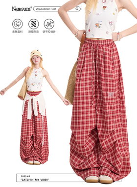 NERESUM复古红色格纹裤子女美式街头褶皱阔腿裤多巴胺慵懒休闲裤