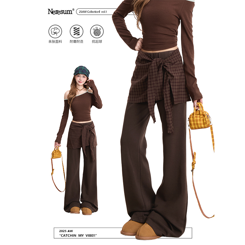 NERESUM美式格子屁帘微喇卫裤