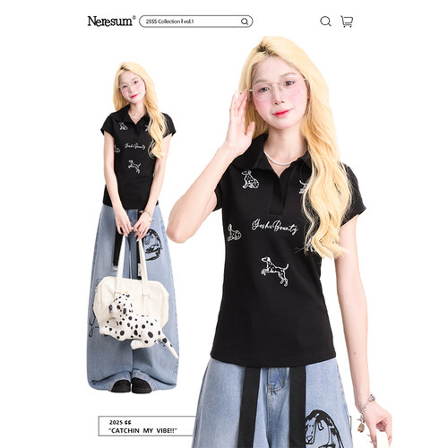 NERESUM小狗绣花POLO领短袖