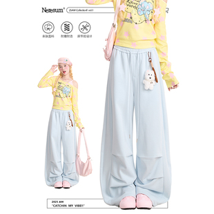 慵懒垂感显瘦休闲裤 NERESUM裤 女潮牌褶皱运动阔腿裤 卫裤 子美式