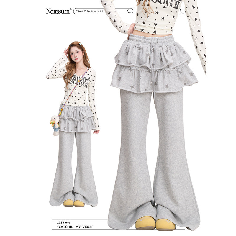 NERESUM星星裙摆屁帘拼接卫裤女复古设计感阔腿显瘦休闲微喇裤,女装/女士精品,卫裤,淘宝优惠券,粉丝福利购,淘宝优惠卷
