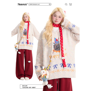 NERESUM卡通猫咪刺绣连帽毛衣女美式 复古慵懒风宽松保暖针织上衣
