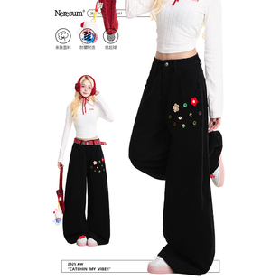 百搭休闲阔腿裤 NERESUM花朵纽扣工装 潮牌垂感直筒裤 女秋冬美式 裤