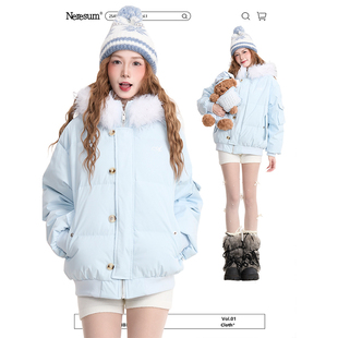 NERESUM冬季90白鸭绒连帽毛领羽绒服女甜美保暖防风派克服外套