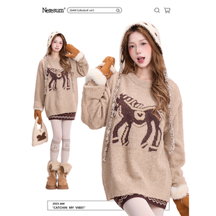 新年慵懒软糯保暖宽松针织衫 NERESUM美式 复古小马提花毛衣女冬季