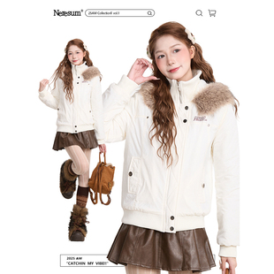 NERESUM甜美毛领连帽棉服外套女冬季 复古宽松保暖棉衣派克服 美式