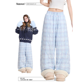 复古慵懒加厚保暖直筒滑雪裤 NERESUM格纹羊羔毛拼接棉裤 女冬季