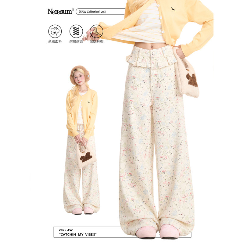 NERESUM韩系卡通满印直筒裤女潮牌宽松休闲裤垂感拖地百搭裤子,女装/女士精品,休闲裤,淘宝优惠券,粉丝福利购,淘宝优惠卷