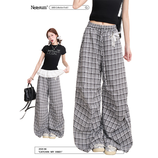 NERESUM复古烫钻格子裤女春夏潮牌褶皱阔腿裤垂感跳舞宽松休闲裤