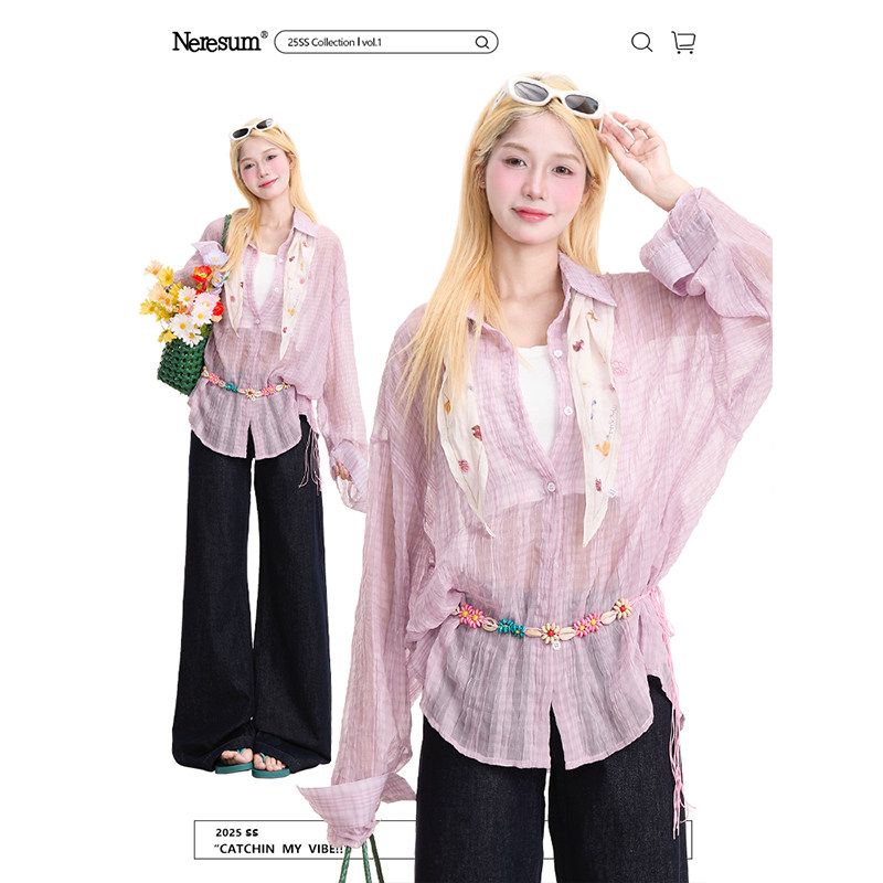 NERESUM条纹薄款防晒长袖衬衫女新款潮牌微透慵懒风宽松休闲衬衣