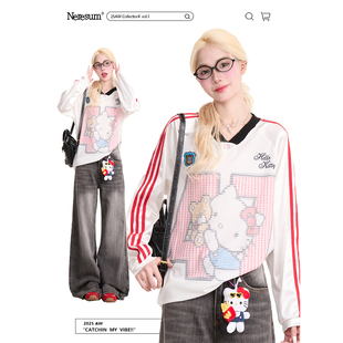 NERESUM复古条纹Kitty猫印花长袖 运动风宽松网眼上衣 T恤女美式