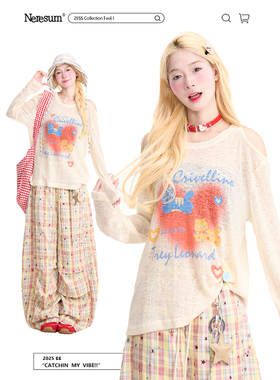 NERESUM爱心猫咪印花露肩薄款长袖T恤女夏日防晒微透宽松休闲罩衫