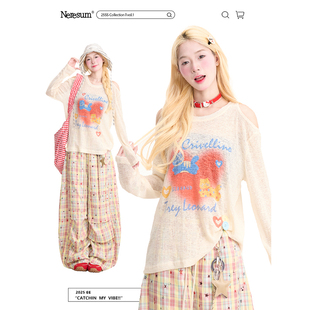 NERESUM爱心猫咪印花露肩薄款长袖T恤女夏日防晒微透宽松休闲罩衫