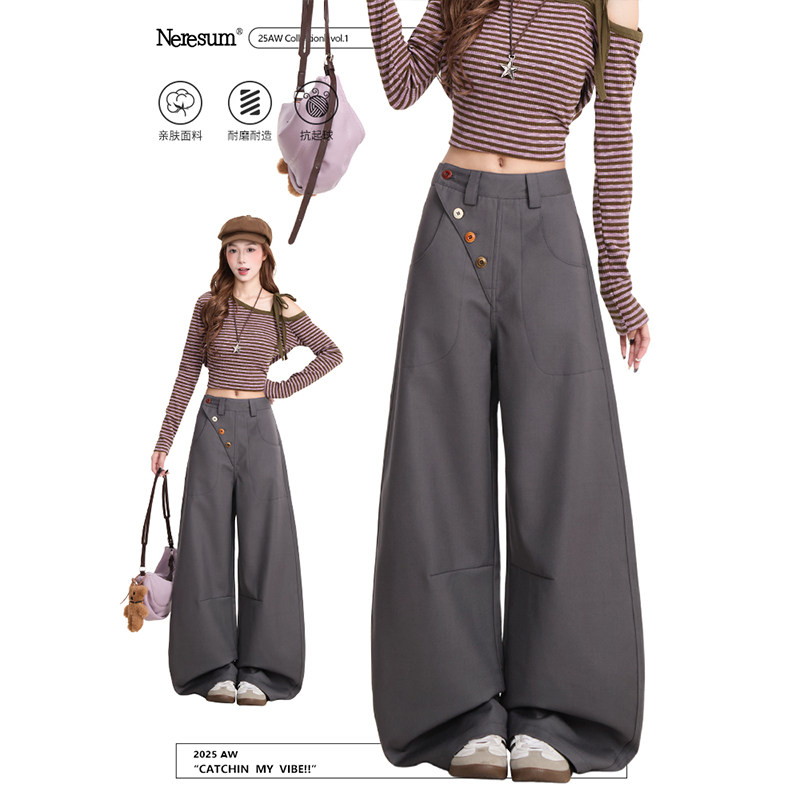 NERESUM纽扣设计感西裤女复古老钱风宽松阔腿裤垂感弯刀休闲裤,女装/女士精品,休闲裤,淘宝优惠券,粉丝福利购,淘宝优惠卷