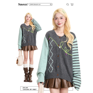 街头慵懒小众针织衫 美式 毛衣女秋季 NERESUM复古撞色条纹拼接开衫