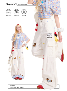 NERESUM苹果小狗刺绣白色牛仔裤女新款设计感工装裤子慵懒阔腿裤