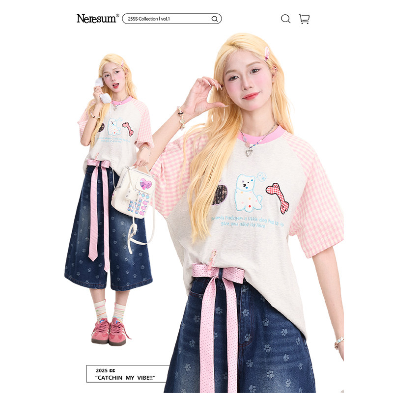 NERESUM可爱小狗贴布绣短袖T恤女新款减龄格纹插肩袖慵懒宽松上衣