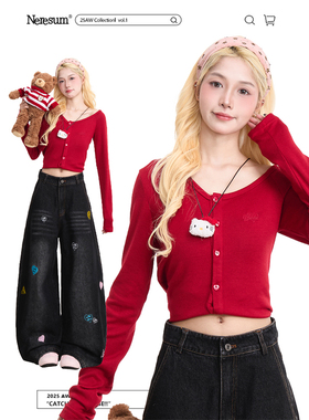 NERESUM红色斜肩针织开衫女秋冬高级感辣妹露肩修身短款长袖上衣