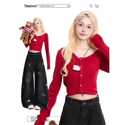 NERESUM红色斜肩长袖针织开衫