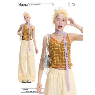 短款 修身 上衣 假两件夏季 NERESUM蕾丝花边拼接格子吊带背心女美式