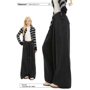 潮流垂感显瘦阔腿休闲裤 卫裤 子女宽松美式 NERESUM加厚黑色裤