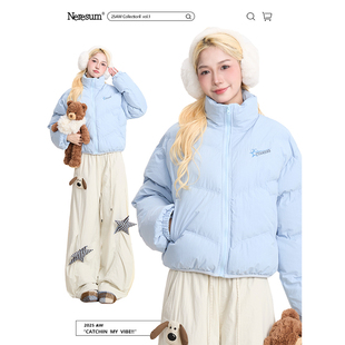 NERESUM美式刺绣浅蓝立领棉服外套女冬季加厚保暖宽松棉衣面包服
