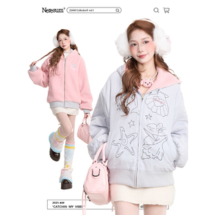 NERESUM海星印花双面穿连帽外套女秋冬美式 潮牌摇粒绒加厚棉衣