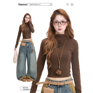 T恤女秋冬辣妹显瘦短款 长袖 打底上衣 十字架半高领修身 NERESUM美式