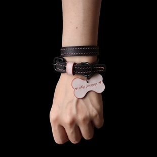 手工定制puppy小狗小众choker甜酷风粉色暗黑牛皮双圈sm手环颈圈