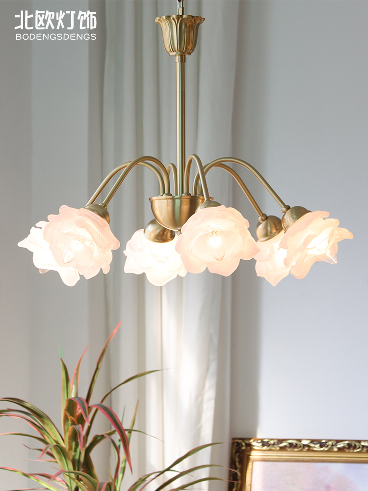 法式浪漫玫瑰花玻璃灯罩中古美式复古客厅卧室民宿书房餐厅铜吊灯