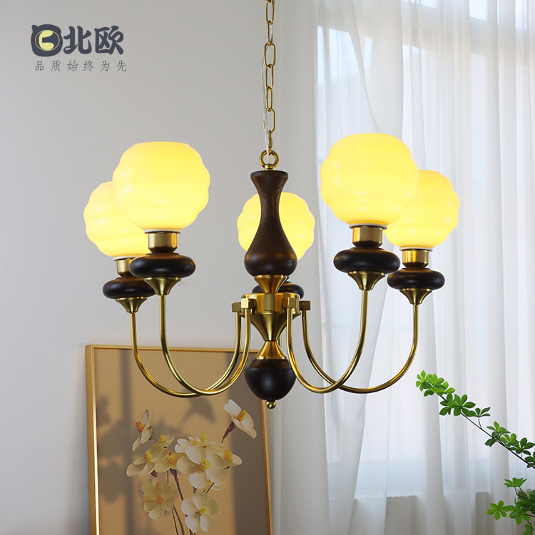 美式复古蜂巢玻璃罩吊灯实木灯架法式简约中古客厅书房卧室餐厅灯