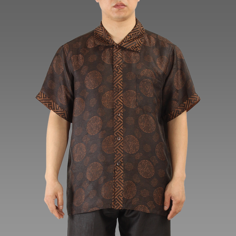 古丝路直销 真丝香云纱贴迷宫花上衣 中式服装 莨纱男夏装5036