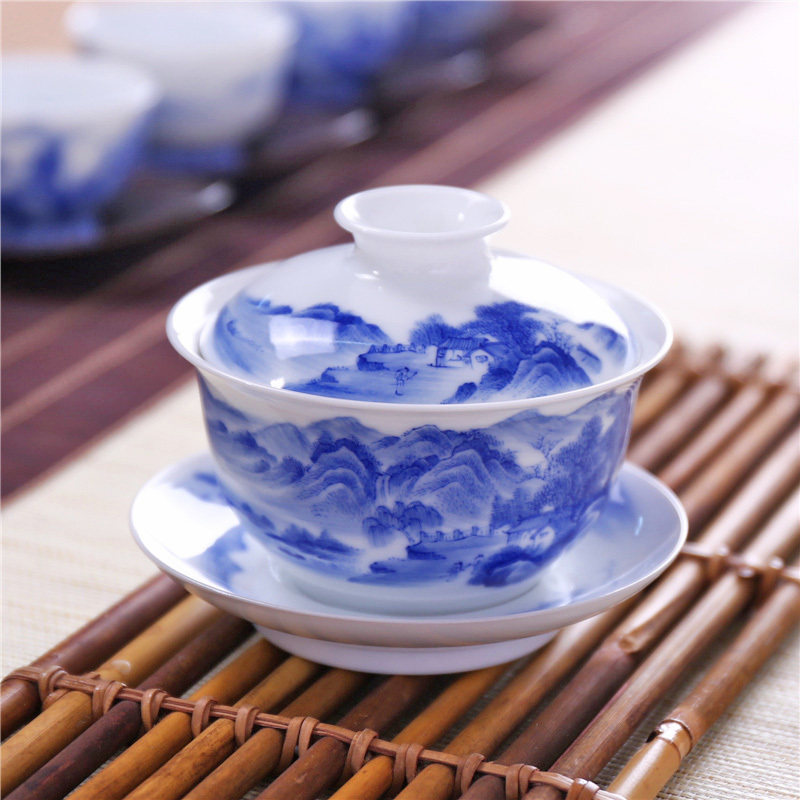 元水堂 茶具 细工山水盖碗 青花瓷茶碗茶杯 景德镇陶瓷 150ML