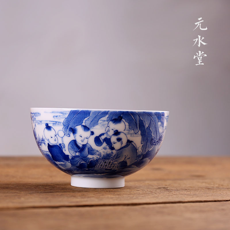 元水堂 茶具 手绘 乐在棋中杯子 青花瓷茶杯 陶瓷水杯 大号 100ML