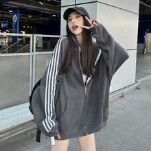 胖mm300斤特大码中长款连帽卫衣外套女宽松bf慵懒风运动上衣潮ins