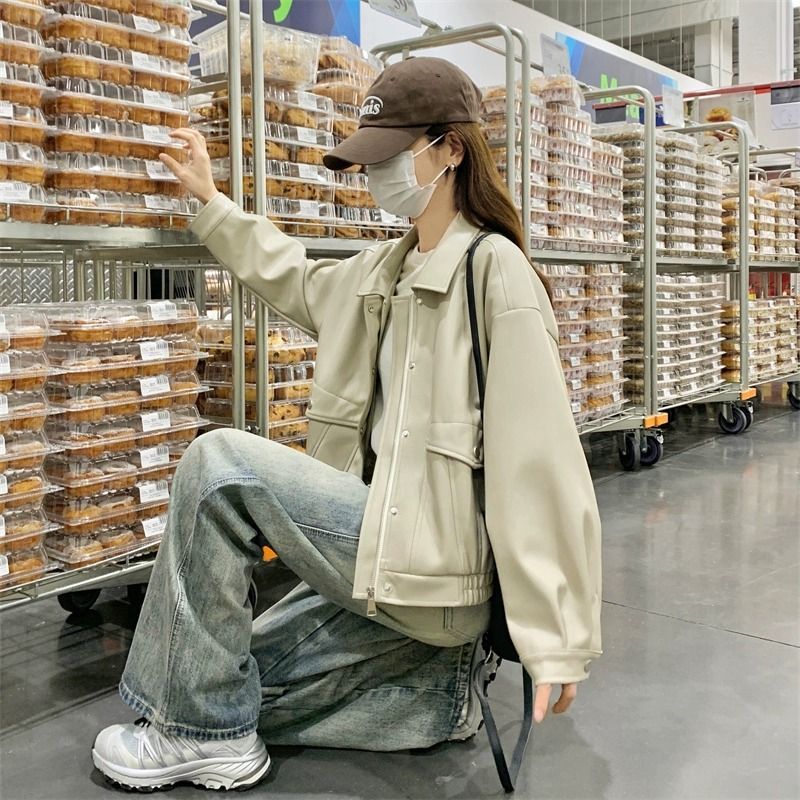 米白色短款翻领皮衣外套女2025春季新款韩系小个子高级感机车夹克