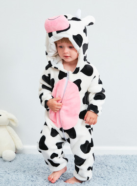 michley婴儿衣服秋冬法兰绒宝宝连体衣奶牛动物造型睡衣 儿童爬服