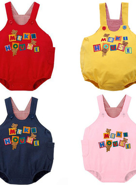 现货MK童装日系男女童卡通字母格子熊田鸡裤儿童背带裤一件代发